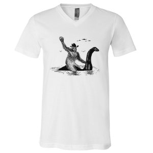 Bigfoot Riding On Nessie Lochness Cowboy Yeti V-Neck T-Shirt