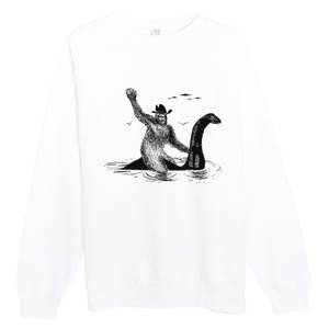 Bigfoot Riding On Nessie Lochness Cowboy Yeti Premium Crewneck Sweatshirt