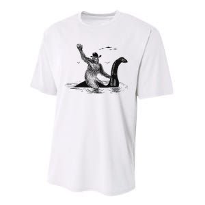 Bigfoot Riding On Nessie Lochness Cowboy Yeti Performance Sprint T-Shirt