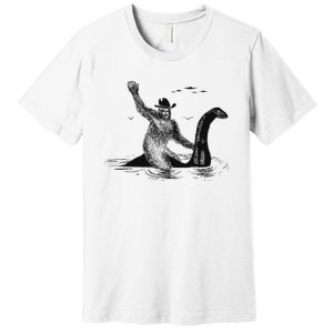 Bigfoot Riding On Nessie Lochness Cowboy Yeti Premium T-Shirt