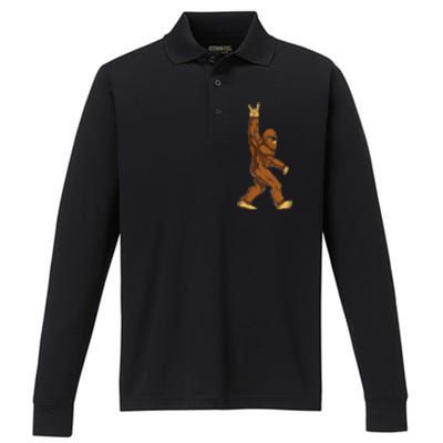 Bigfoot Rock On Sasquatch Rock And Roll Funny Performance Long Sleeve Polo