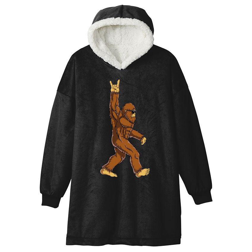 Bigfoot Rock On Sasquatch Rock And Roll Funny Hooded Wearable Blanket