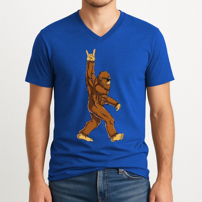 Bigfoot Rock On Sasquatch Rock And Roll Funny V-Neck T-Shirt