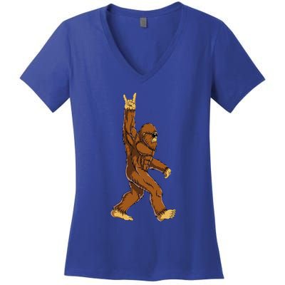 Bigfoot Rock On Sasquatch Rock And Roll Funny Women's V-Neck T-Shirt