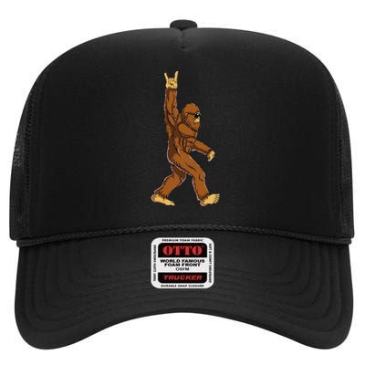 Bigfoot Rock On Sasquatch Rock And Roll Funny High Crown Mesh Back Trucker Hat