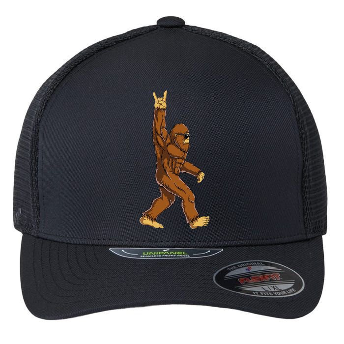 Bigfoot Rock On Sasquatch Rock And Roll Funny Flexfit Unipanel Trucker Cap