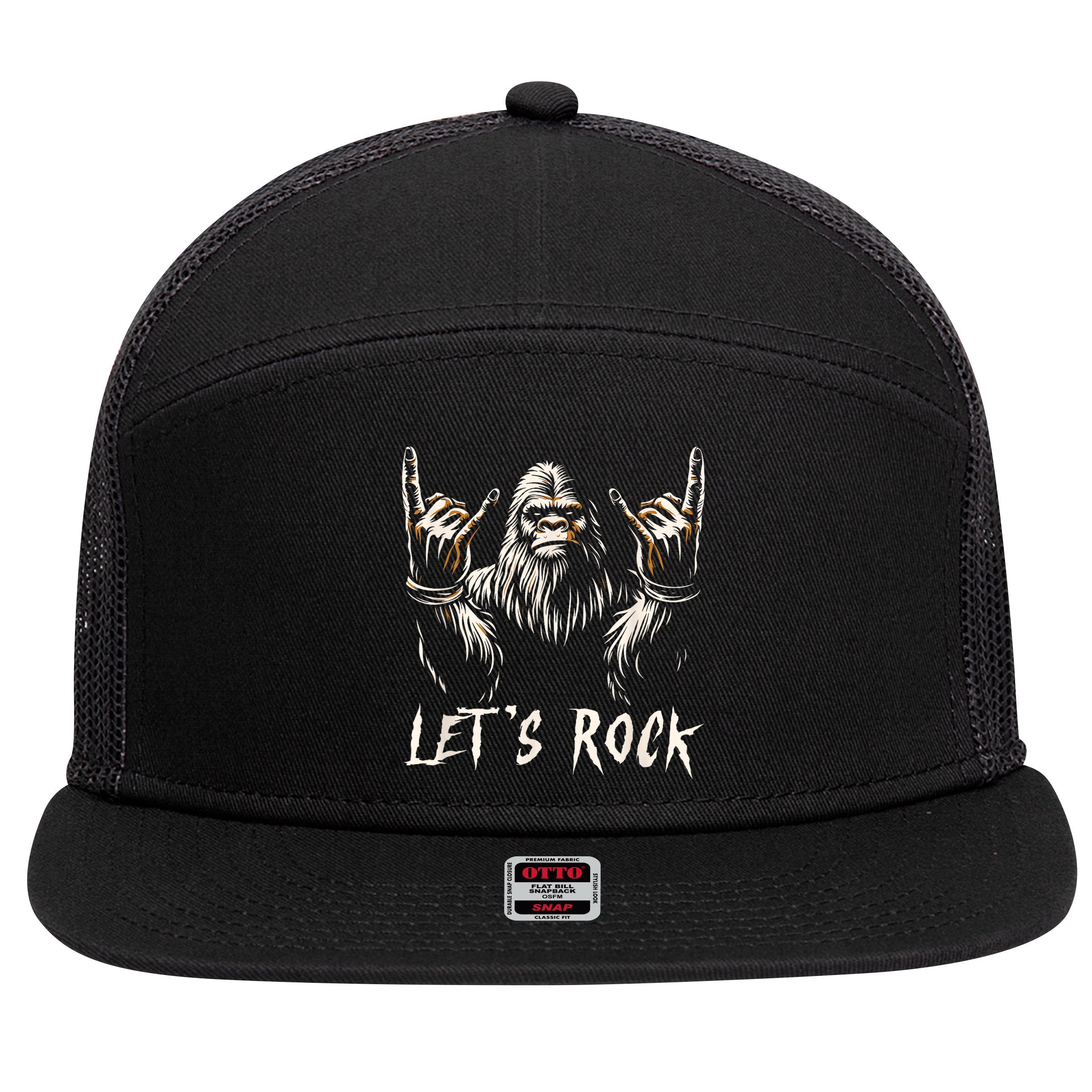 Bigfoot Rock On Funny Sasquatch Rock And Roll LetS Rock 7 Panel Mesh Trucker Snapback Hat