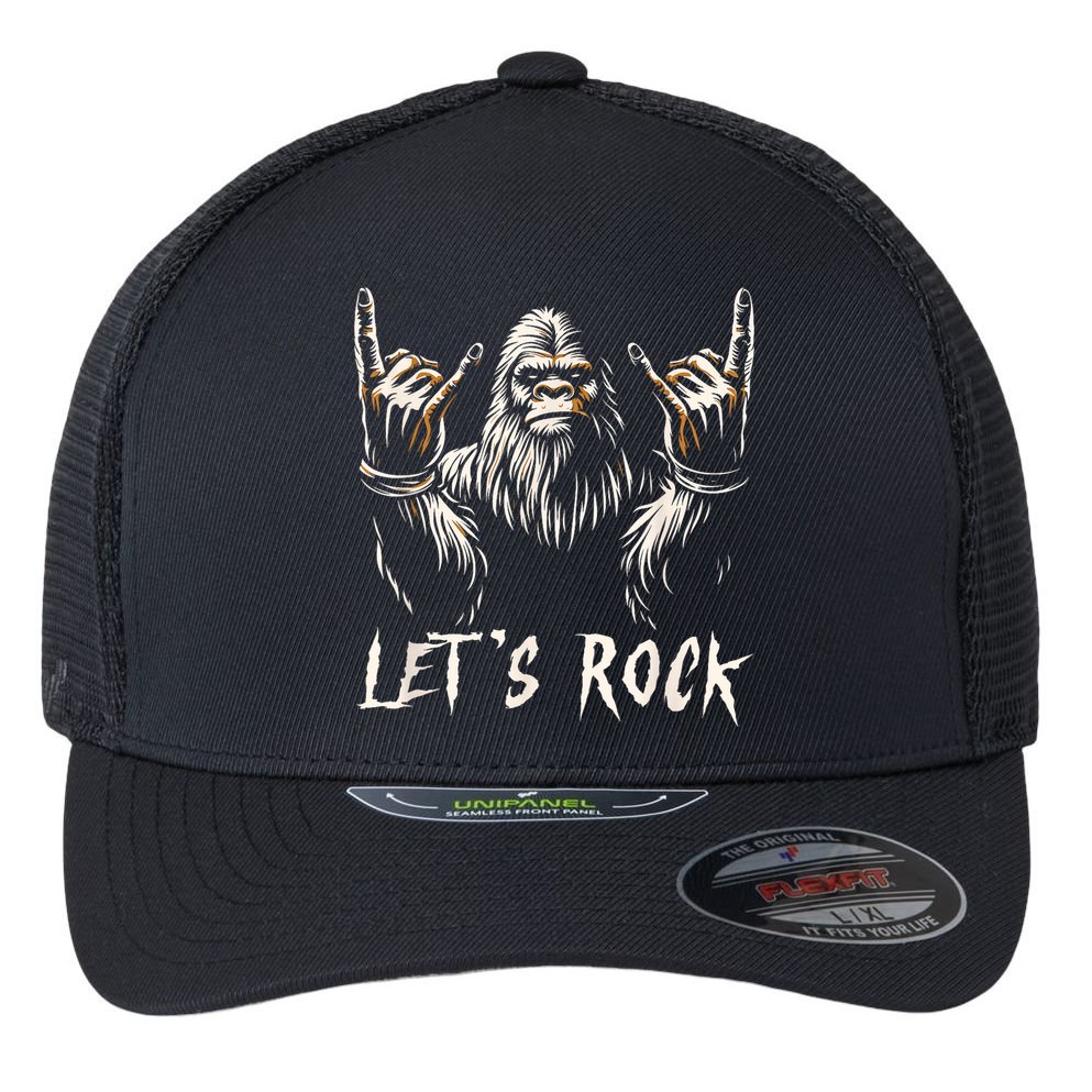 Bigfoot Rock On Funny Sasquatch Rock And Roll LetS Rock Flexfit Unipanel Trucker Cap