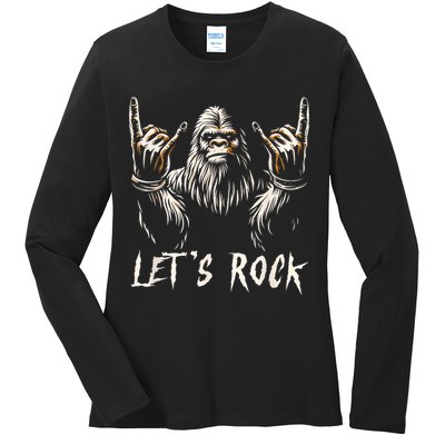 Bigfoot Rock On Funny Sasquatch Rock And Roll LetS Rock Ladies Long Sleeve Shirt