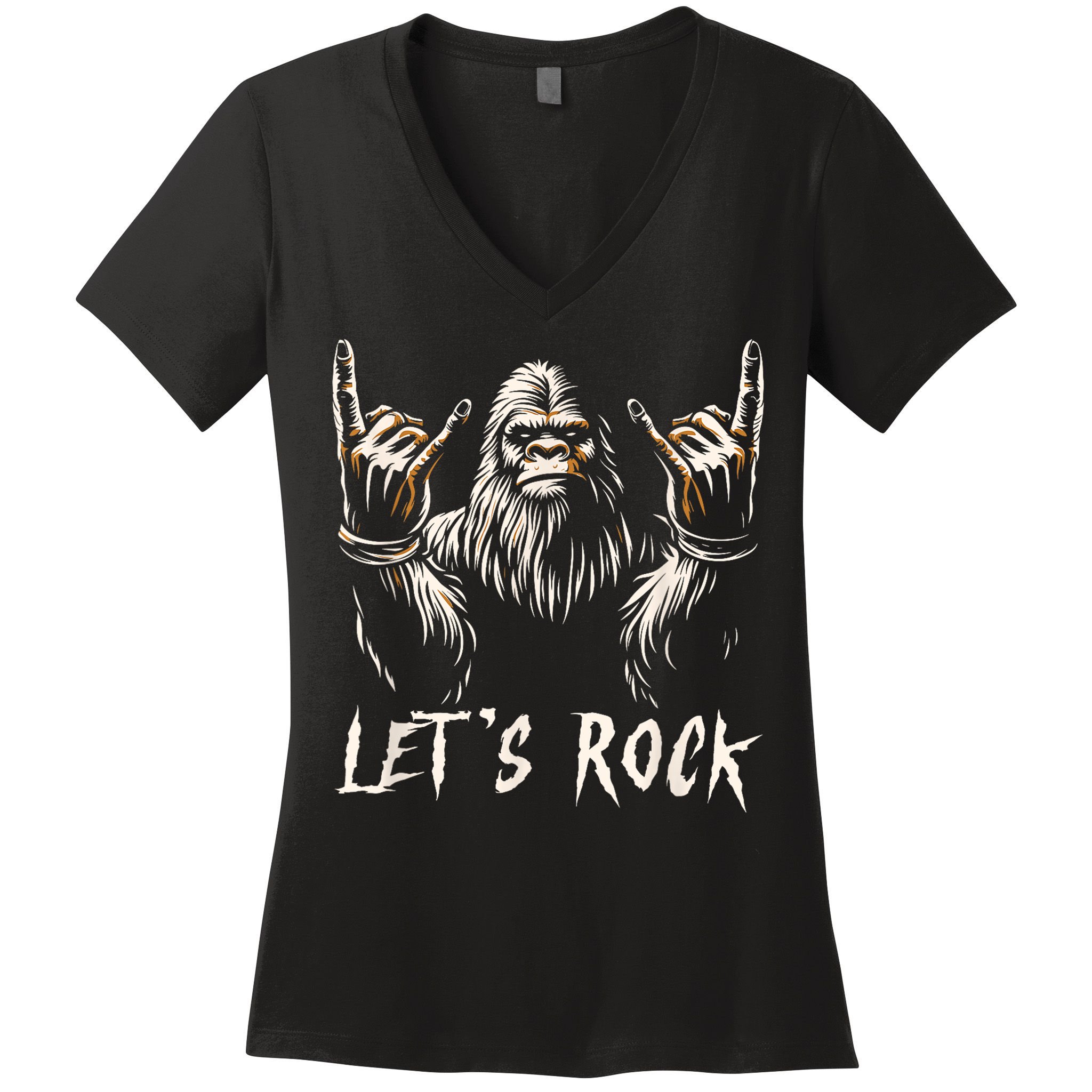 Bigfoot Rock On Funny Sasquatch Rock And Roll LetS Rock Women's V-Neck T-Shirt