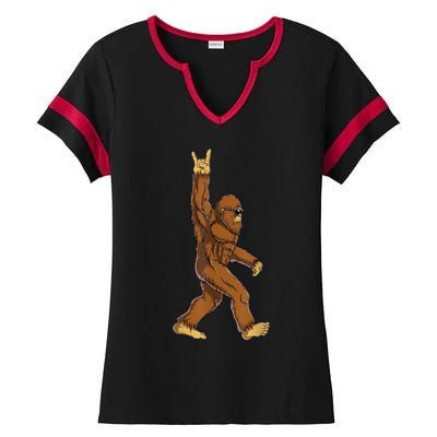 Bigfoot Rock On Sasquatch Rock And Roll Funny Graphic Ladies Halftime Notch Neck Tee