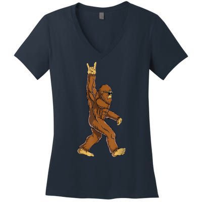 Bigfoot Rock On Sasquatch Rock And Roll Funny Graphic Women's V-Neck T-Shirt