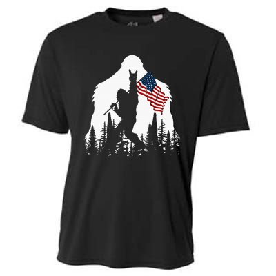 Bigfoot Rock On Hold American Flag Sasquatch Believers Cooling Performance Crew T-Shirt