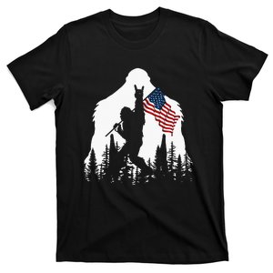 Bigfoot Rock On Hold American Flag Sasquatch Believers T-Shirt