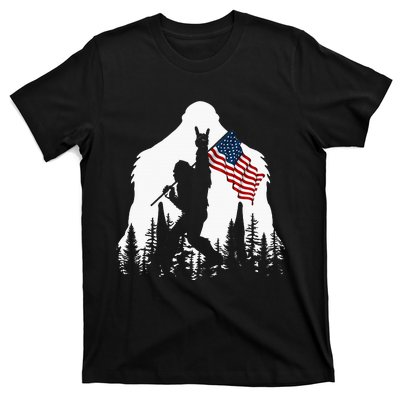 Bigfoot Rock On Hold American Flag Sasquatch Believers T-Shirt