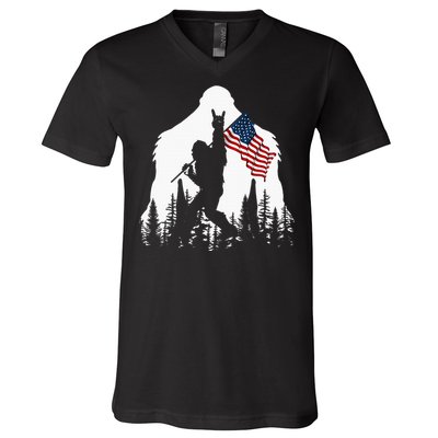 Bigfoot Rock On Hold American Flag Sasquatch Believers V-Neck T-Shirt