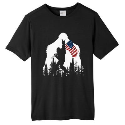 Bigfoot Rock On Hold American Flag Sasquatch Believers Tall Fusion ChromaSoft Performance T-Shirt