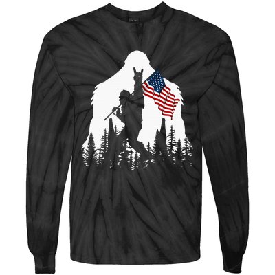 Bigfoot Rock On Hold American Flag Sasquatch Believers Tie-Dye Long Sleeve Shirt