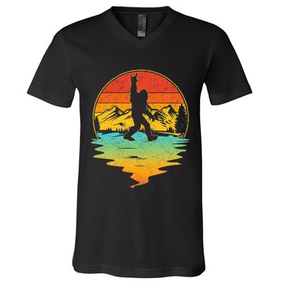 Bigfoot Rock On Sasquatch Rock And Roll Funny Graphic V-Neck T-Shirt