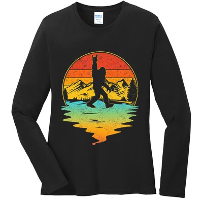 Bigfoot Rock On Sasquatch Rock And Roll Funny Graphic Ladies Long Sleeve Shirt
