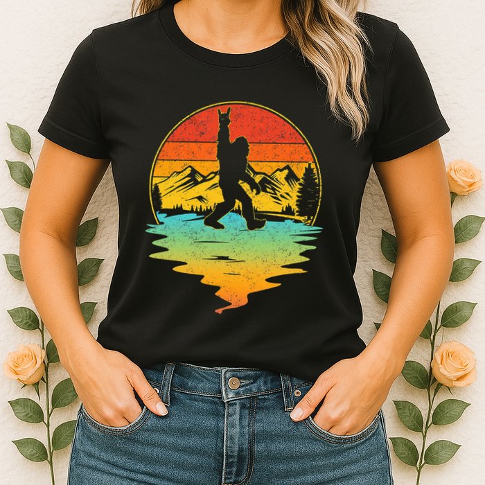 Bigfoot Rock On Sasquatch Rock And Roll Funny Graphic Womens T-Shirt