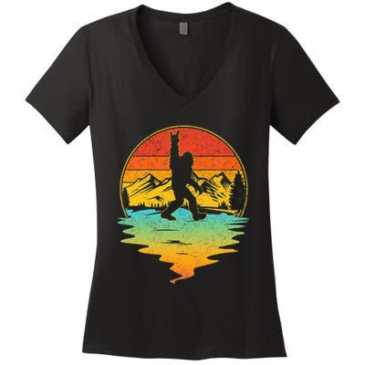 Bigfoot Rock On Sasquatch Rock And Roll Funny Graphic Women's V-Neck T-Shirt