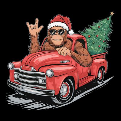 Bigfoot Rock On Christmas Tree Light Driving Truck T-Shirt