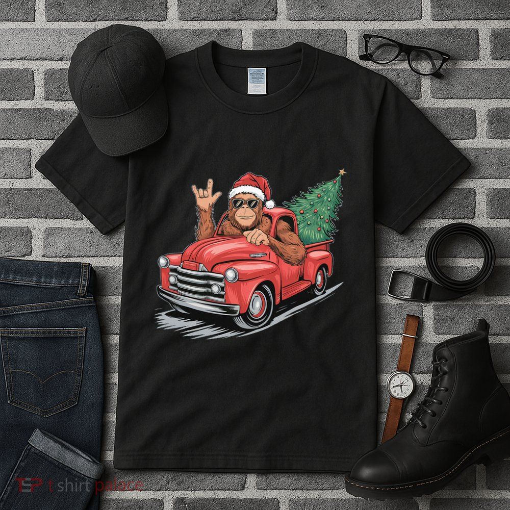 Bigfoot Rock On Christmas Tree Light Driving Truck Tall T-Shirt