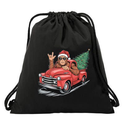 Bigfoot Rock On Christmas Tree Light Driving Truck Drawstring Bag