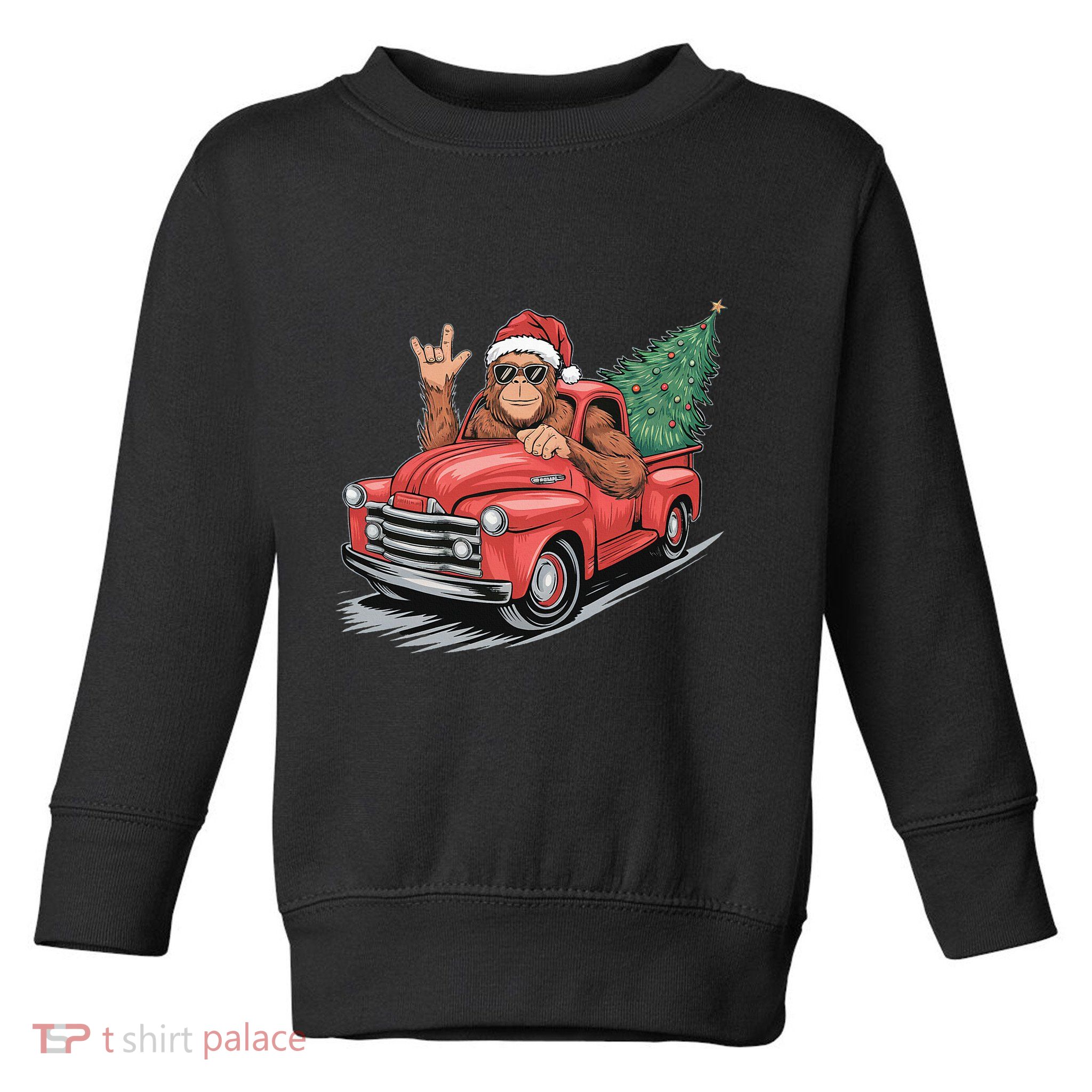Bigfoot Rock On Christmas Tree Light Driving Truck Toddler Sweatshirt