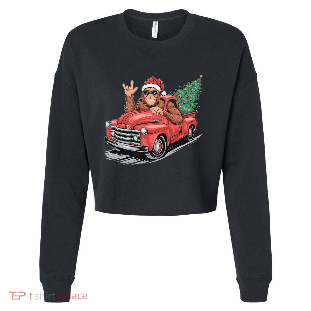 Bigfoot Rock On Christmas Tree Light Driving Truck Cropped Pullover Crew