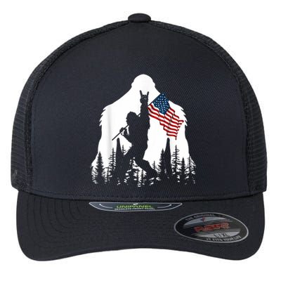 Bigfoot Rock On Hold American Flag Sasquatch Believers Flexfit Unipanel Trucker Cap