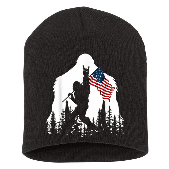 Bigfoot Rock On Hold American Flag Sasquatch Believers Short Acrylic Beanie