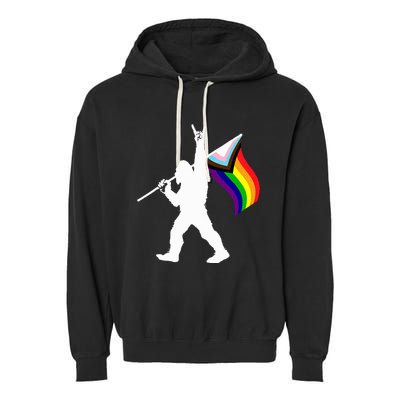 Bigfoot Rock On Lgbtq Progressive New Pride Flag Garment-Dyed Fleece Hoodie