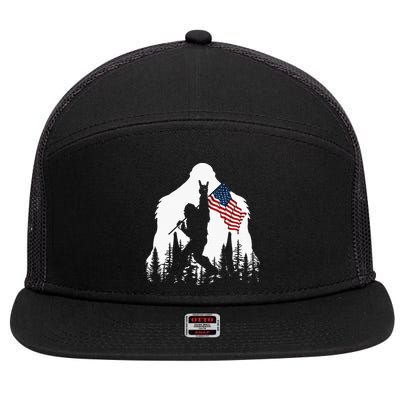 Bigfoot Rock On Hold American Flag Sasquatch Believers 7 Panel Mesh Trucker Snapback Hat