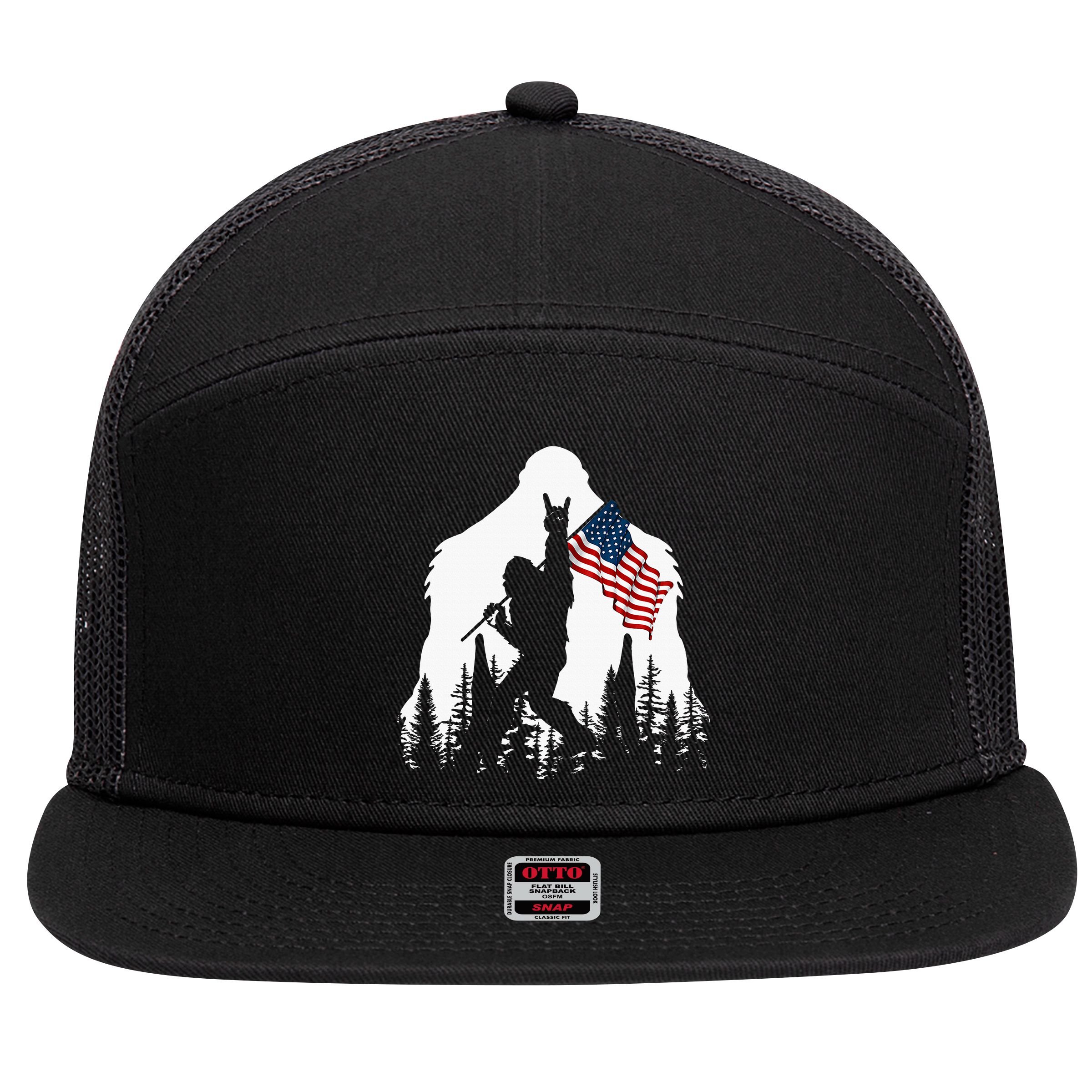 Bigfoot Rock On Hold American Flag Sasquatch Believers 7 Panel Mesh Trucker Snapback Hat