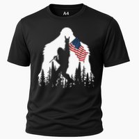 Bigfoot Rock On Hold American Flag Sasquatch Believers Cooling Performance Crew T-Shirt