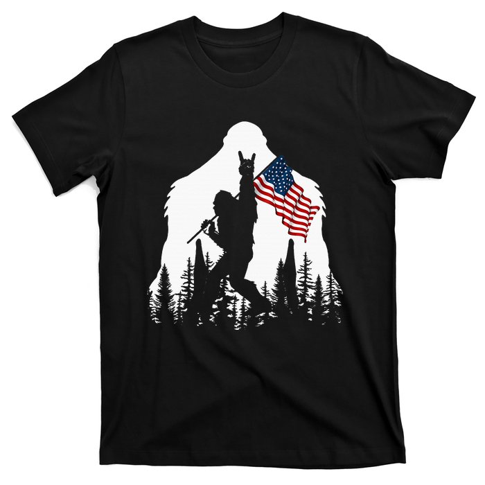 Bigfoot Rock On Hold American Flag Sasquatch Believers T-Shirt