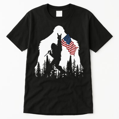 Bigfoot Rock On Hold American Flag Sasquatch Believers Tall T-Shirt
