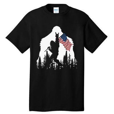 Bigfoot Rock On Hold American Flag Sasquatch Believers Tall T-Shirt