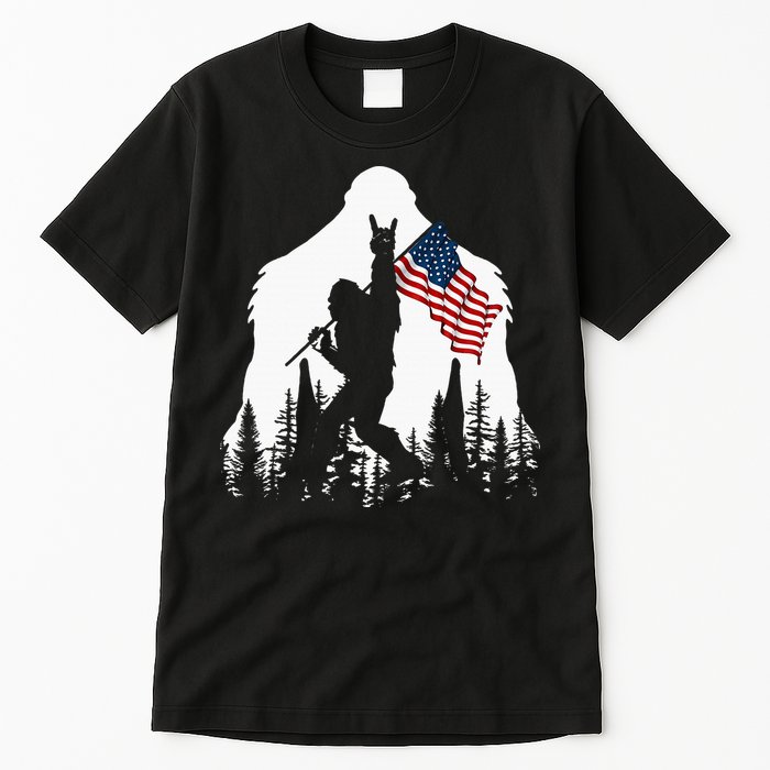 Bigfoot Rock On Hold American Flag Sasquatch Believers Tall T-Shirt