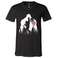 Bigfoot Rock On Hold American Flag Sasquatch Believers V-Neck T-Shirt