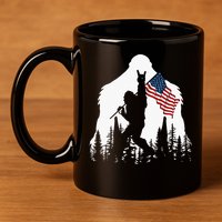 Bigfoot Rock On Hold American Flag Sasquatch Believers 11oz C Handle Ceramic Mug