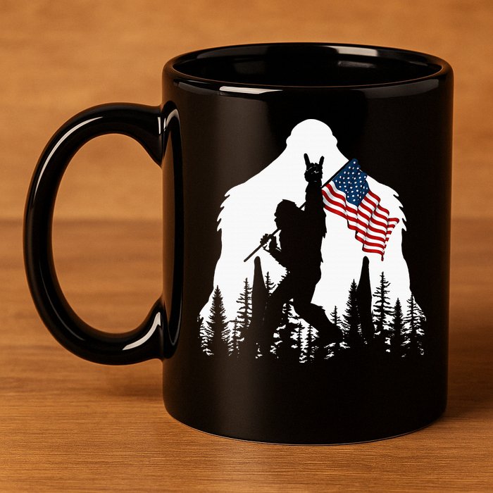 Bigfoot Rock On Hold American Flag Sasquatch Believers 11oz C Handle Ceramic Mug