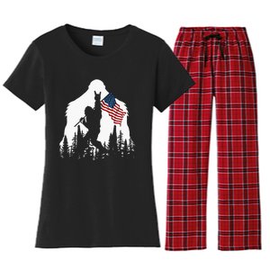 Bigfoot Rock On Hold American Flag Sasquatch Believers Women's Flannel Pajama Set