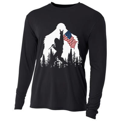 Bigfoot Rock On Hold American Flag Sasquatch Believers Cooling Performance Long Sleeve Crew
