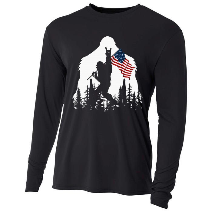 Bigfoot Rock On Hold American Flag Sasquatch Believers Cooling Performance Long Sleeve Crew