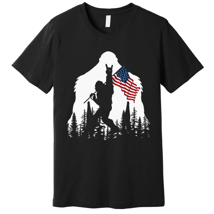 Bigfoot Rock On Hold American Flag Sasquatch Believers Premium T-Shirt