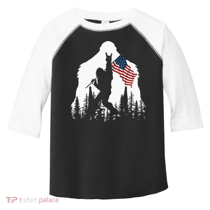 Bigfoot Rock On Hold American Flag Sasquatch Believers Toddler Fine Jersey T-Shirt