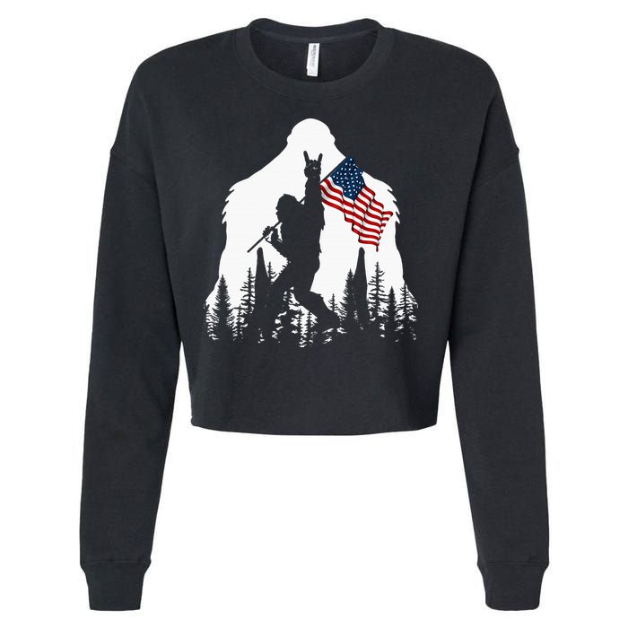 Bigfoot Rock On Hold American Flag Sasquatch Believers Cropped Pullover Crew
